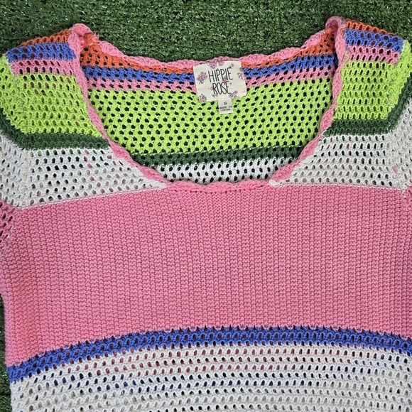 Hippie Rose | cropped open knit crocheted bell sleeve colorful boho sweater - Picture 10 of 16